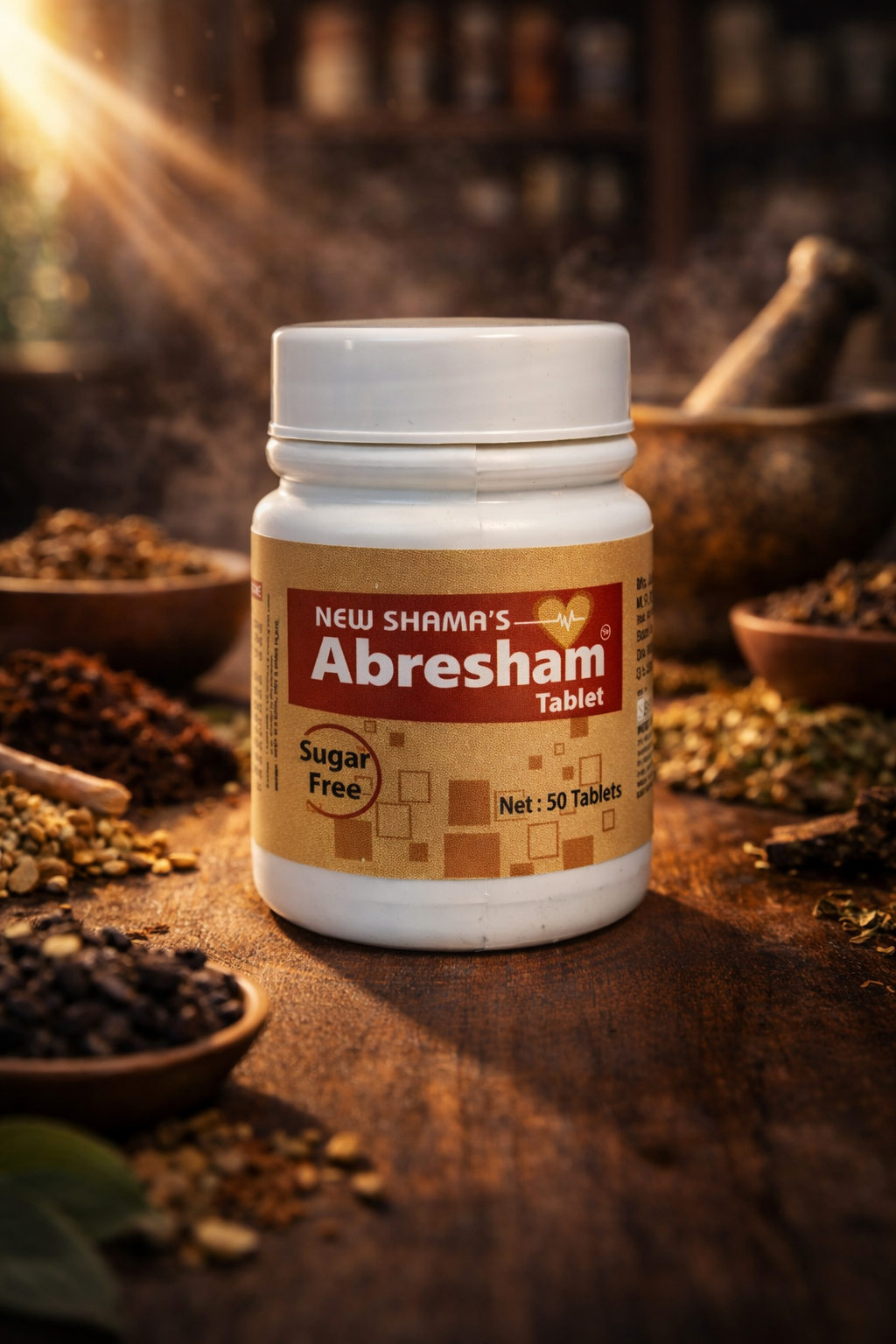 New Shama Abresham Tablets (Sugar Free) – Unani Herbal Heart & Vitality Support Net :- 50 Tablets